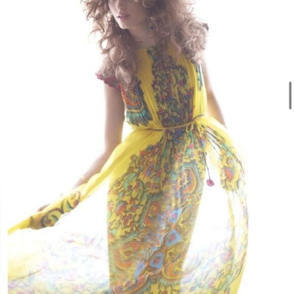 Anthropologie Hemant and Nandita yellow floral dress silk size 6